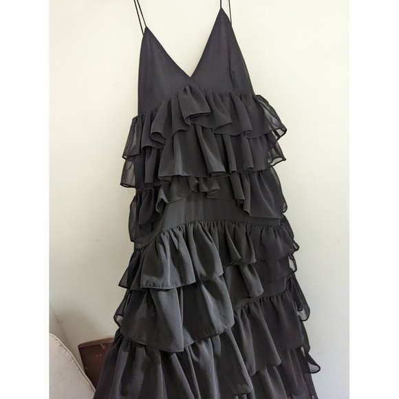 ZARA WOMAN STRAPPY RUFFLED MIDI LONG TIER DRESS BLACK  REF: 8777/830 S,M,L - Picture 11 of 12